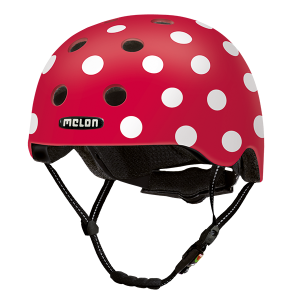 Red Melon Bicycle Helmet with white Polka Dots called "Dotty White"