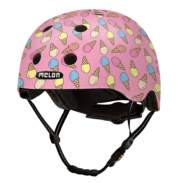 Pink Melon Kids Bicycle Helmet with lots of different ice cream cones on the helmet