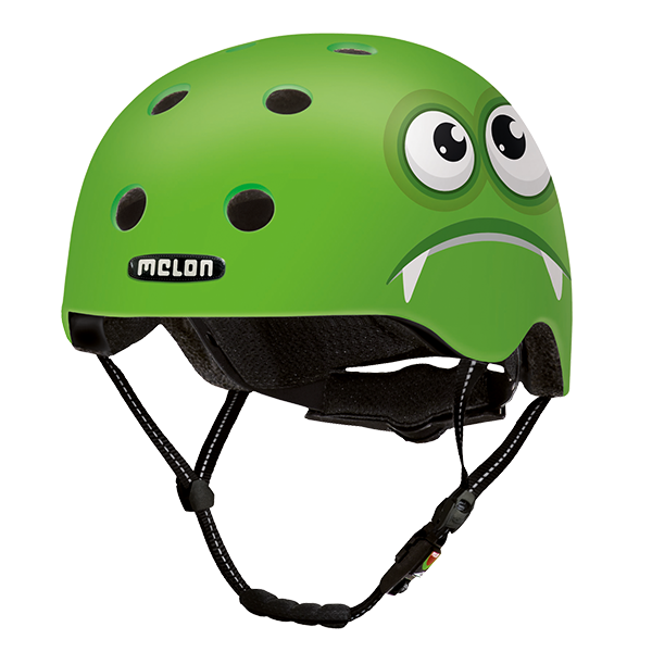 Green Melon Kids Bicycle Helmet with a happy and a grumpy monster face on the side