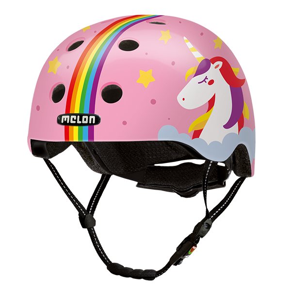 Pink Melon Kids Bicycle Helmet with rainbow stripes and unicorns