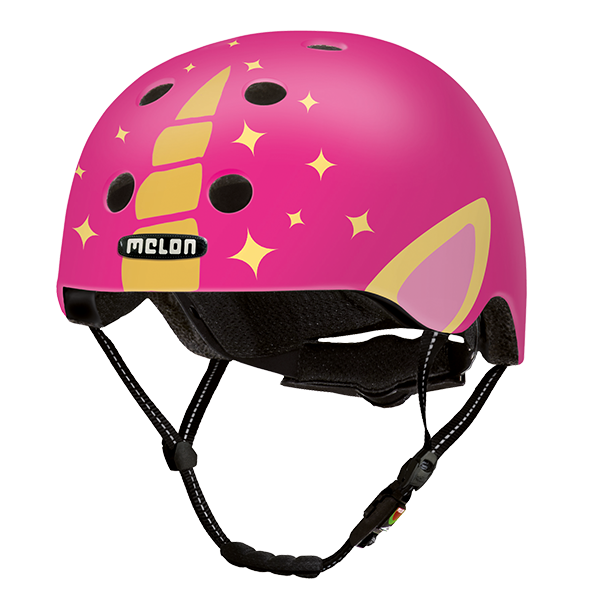 Pink Melon Kids Bicycle Helmet with a unicorn horn on the front