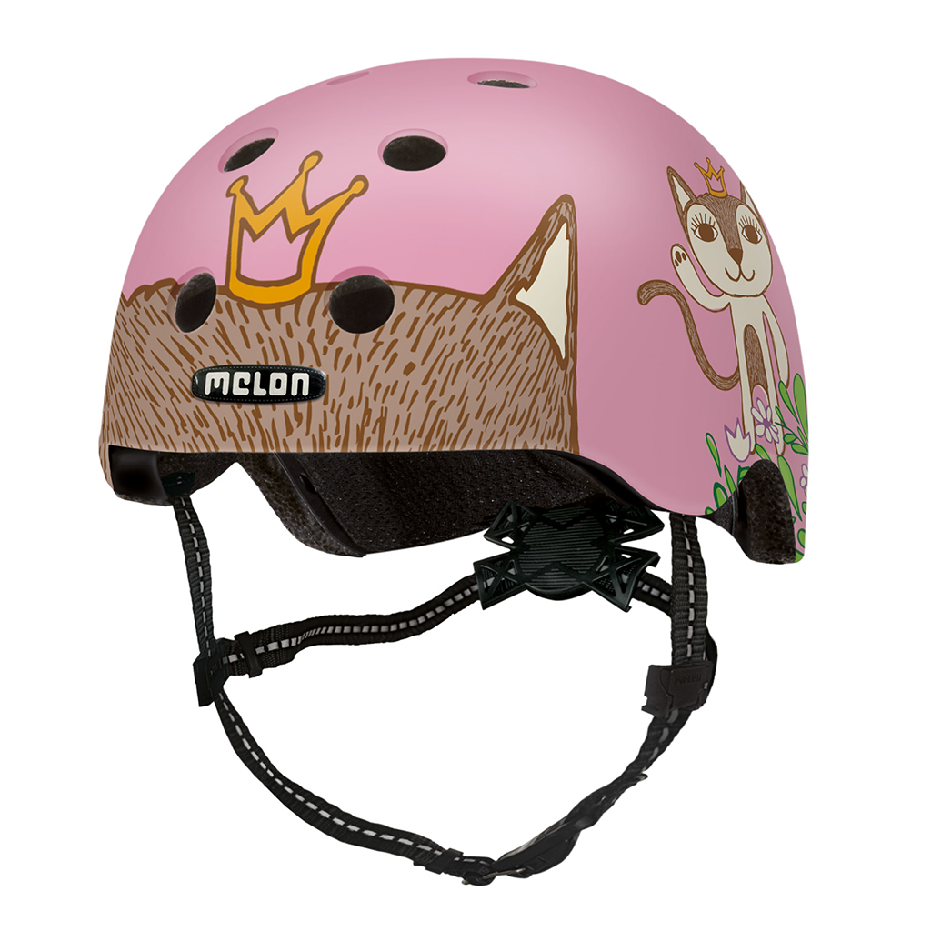 Pink Melon Baby Bicycle Helmet with cats ears and a crown on the front