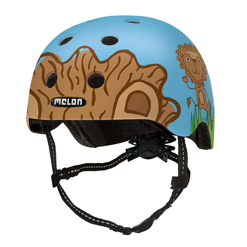 Blue Melon Baby Bicycle Helmet with a lions mane and ears on the front