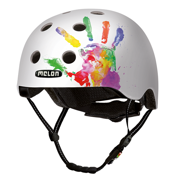 White Melon Bicycle Helmet with a watercolour handprint on the side
