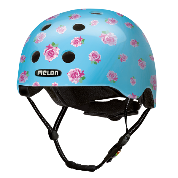 Light Blue Melon Bicycle Helmet with lots of tiny pink roses called "Flying Roses"