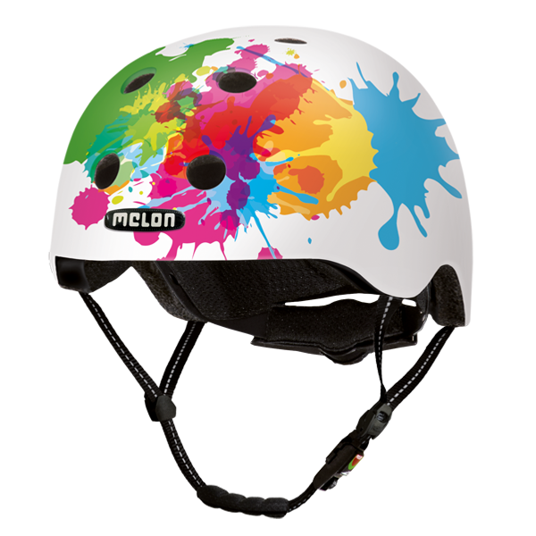 White Melon Bicycle Helmet with colourful splashes of paint in many different colours called "Coloursplash"