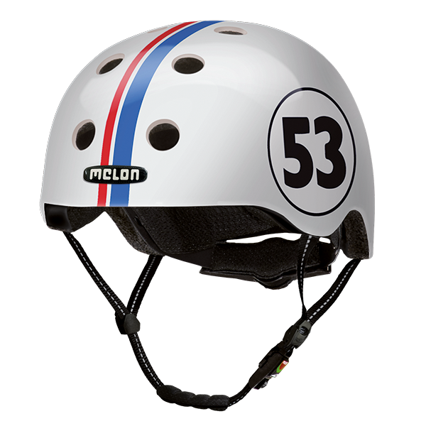 White Melon Bicycle Helmet with red and blue stripes and a number 53 on the side called "Beetle"