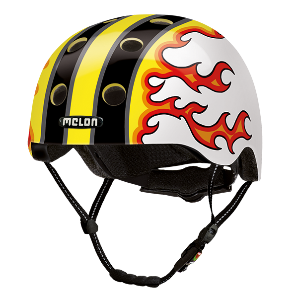 White Melon Bicycle Helmet with Black and Yellow Stripes and Red Flames on the side