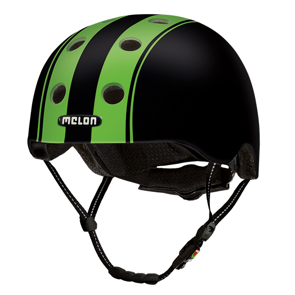 Black Melon Bicycle Helmet with two green Stripes
