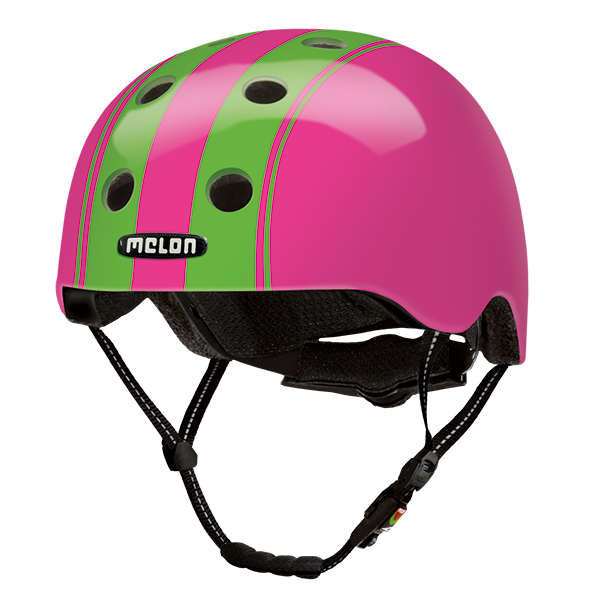 Pink Melon Bicycle Helmet with two green Stripes
