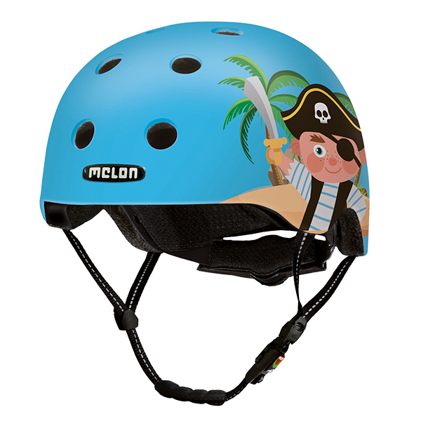 Blue Melon Kids Bicycle Helmet with a pirate on an island on the side
