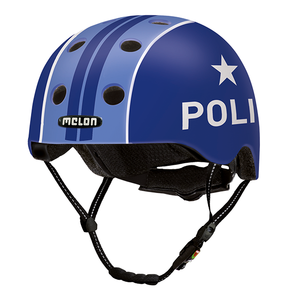 Blue Melon Kids Bicycle Helmet with two stripes and a police writing on the side